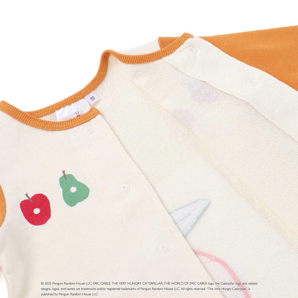 【絵本コラボ-はらぺこあおむし-】袖配色おしりパッチカバーオール(70~80cm) グリーン(リンゴ) 70cm