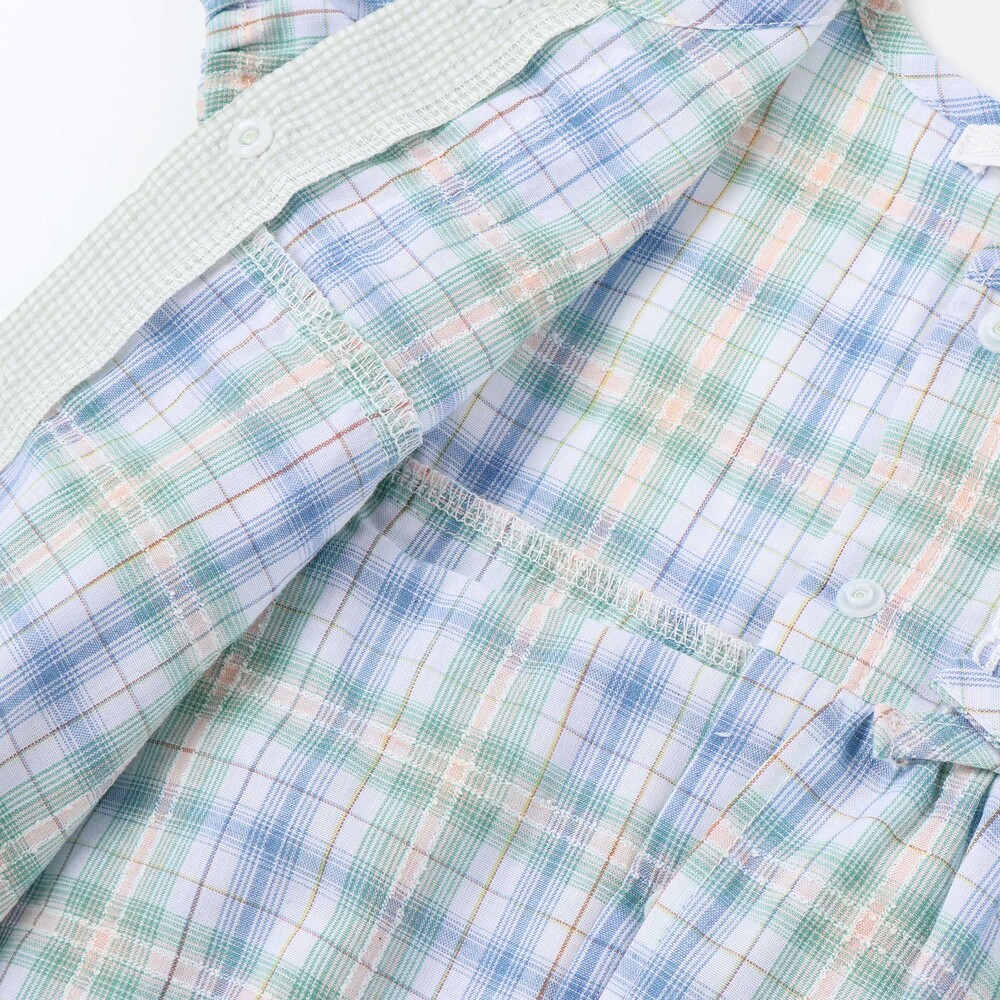 【お揃い】リボン付きマドラスチェックカバーオールベビー(70~80cm) ブルー系 70cm