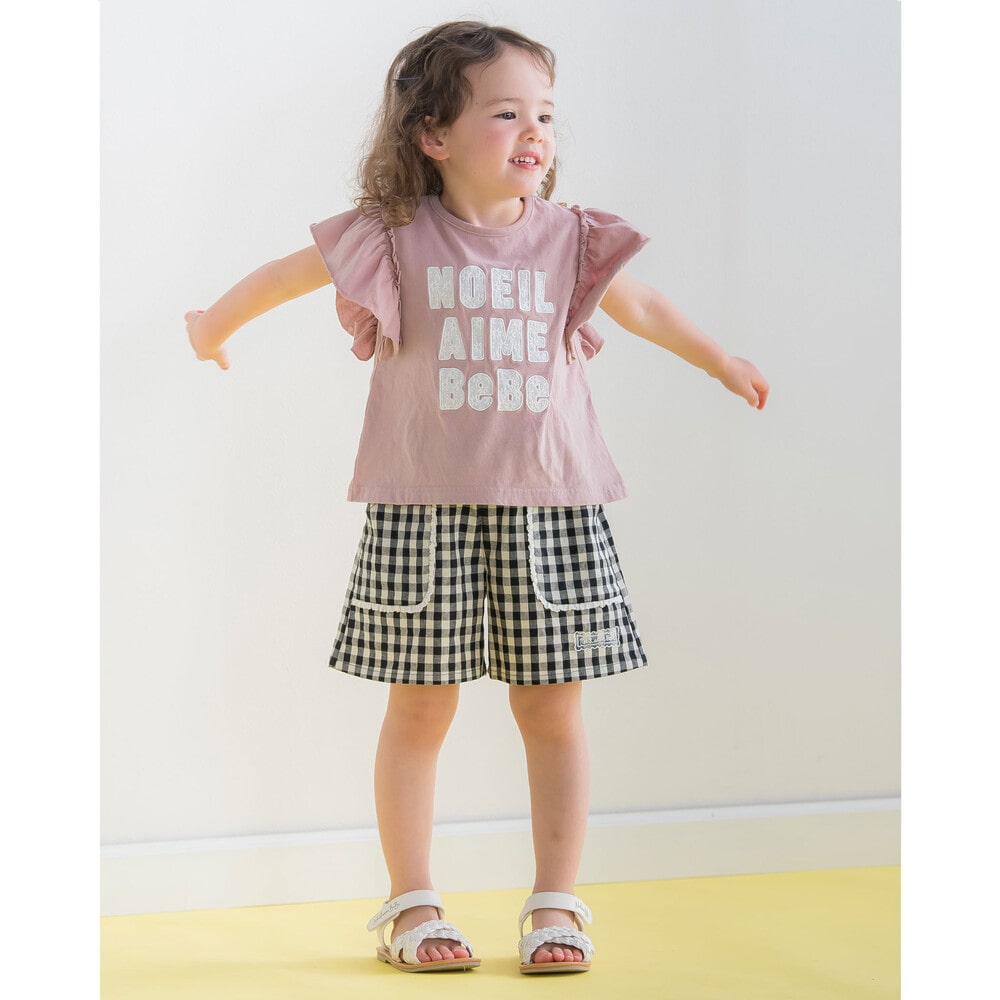 肩 フリル 花 レース ロゴ 天竺 Tシャツ (80~130cm) ピンク 80cm