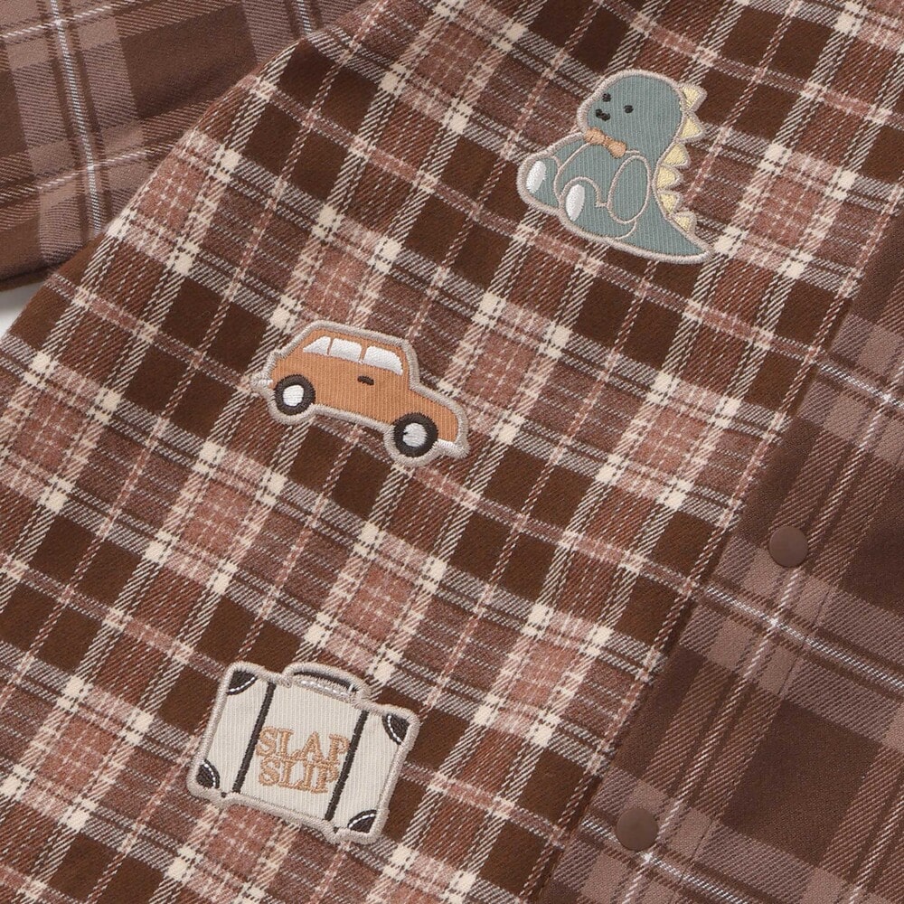 【お揃い】もこもこボア襟切り替えチェックシャツ(90~130cm) ネイビー×レッド系 90cm