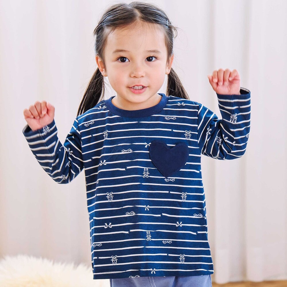 【スララク/防汚加工/オーガニックコットン】ときめきデザイン女の子長袖Tシャツ(80~130cm) ブラックドット×チェリー刺しゅう 80cm
