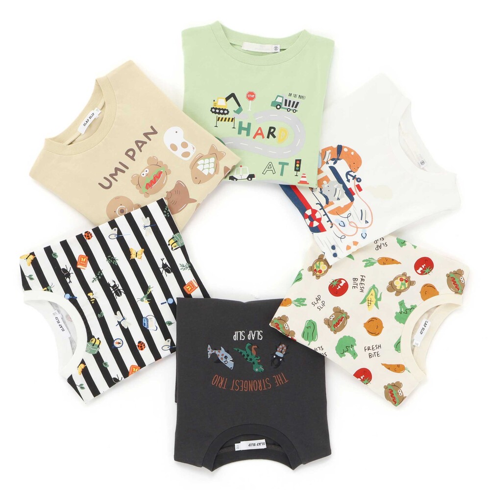 【スララク/吸汗速乾/接触冷感/オーガニックコットン】わくわく男の子半袖Tシャツ(80~130cm) ホワイト×恐竜の水兵さん 80cm