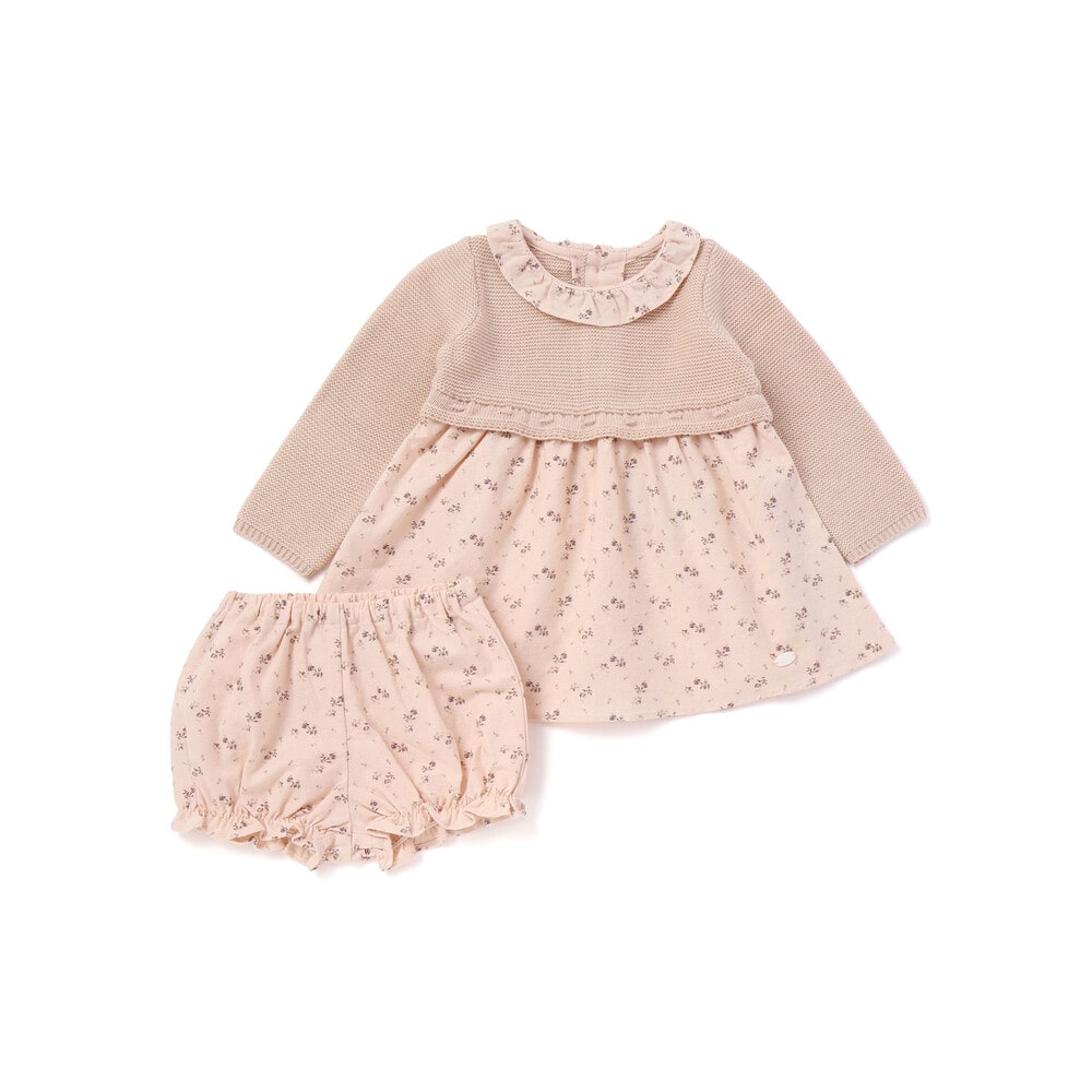 ニット×フラワープリント ワンピース&ブルマセットベビー(70~90cm) ピンク系 S