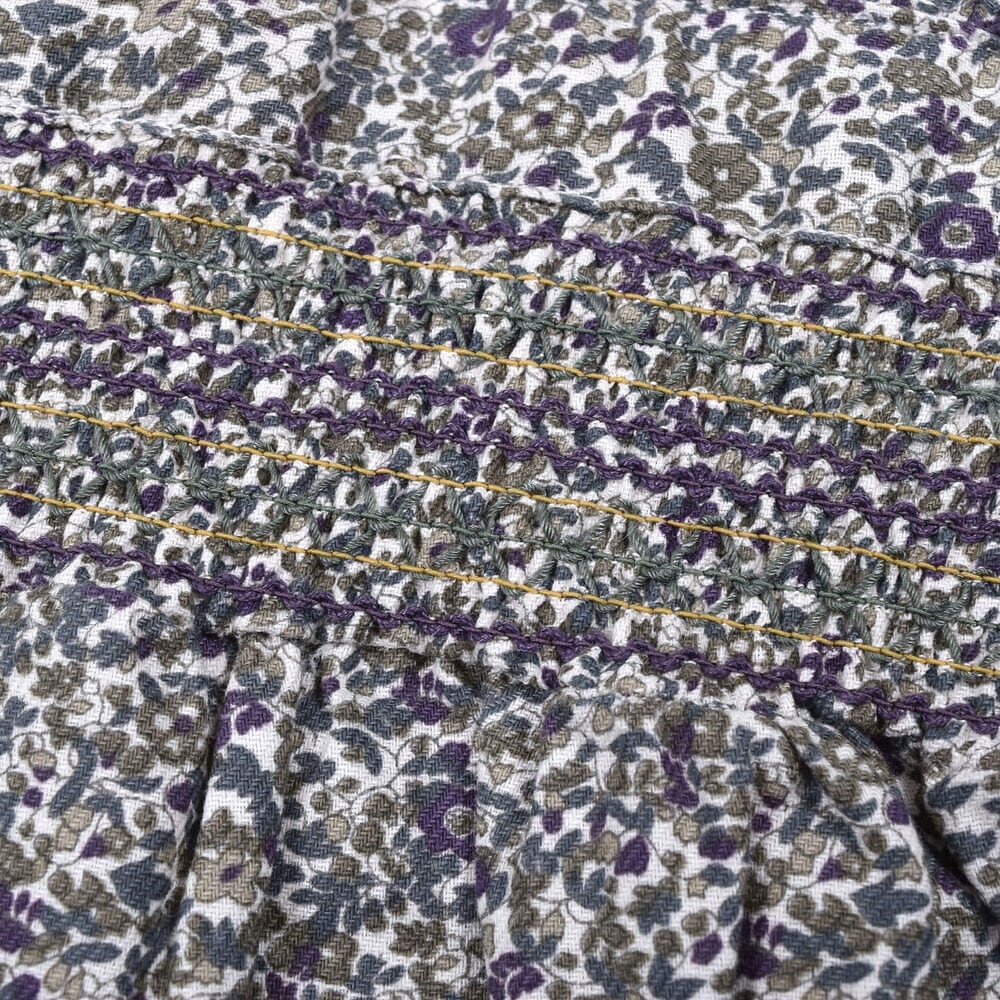 【 お揃い 】 花柄 プリント スモッキング 刺繍 ドッキング Wフェイス ワンピース (80~130cm) グリーン系 110cm