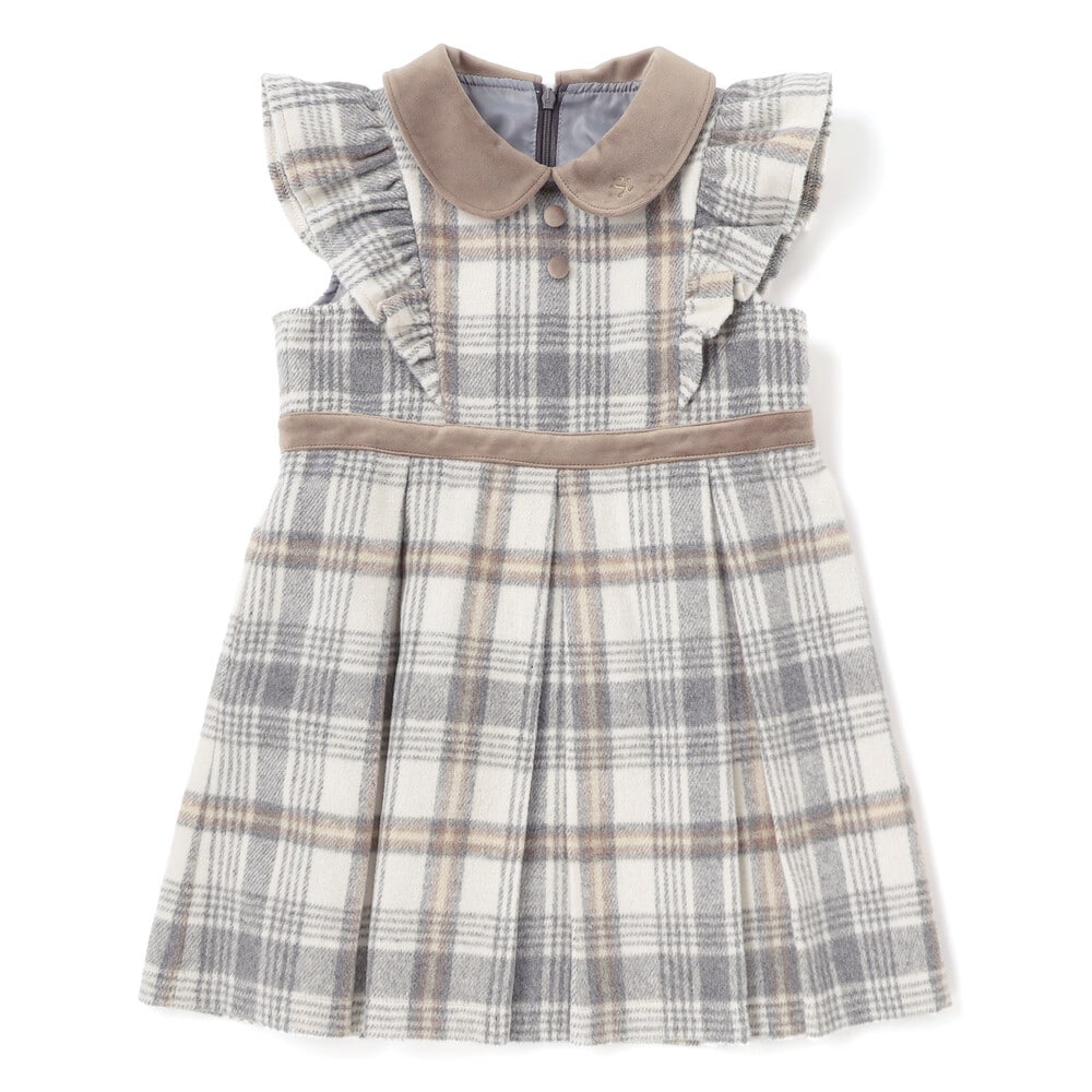 【お揃い】襟付きタックスカートチェックジャンパースカート(90~130cm) ボルドー×ネイビー系 90cm