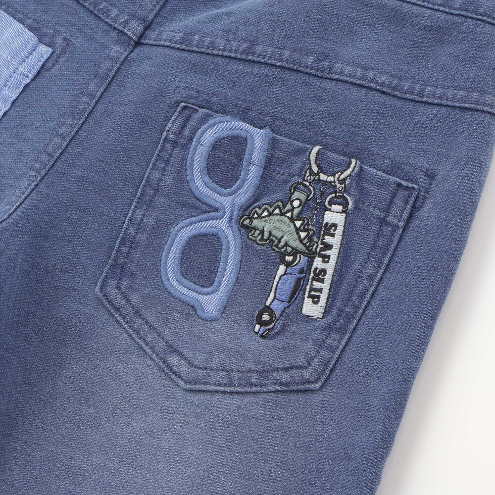 恐竜くるまキーチェーン刺しゅうデニムニットパンツ(80~130cm) ネイビー 80cm