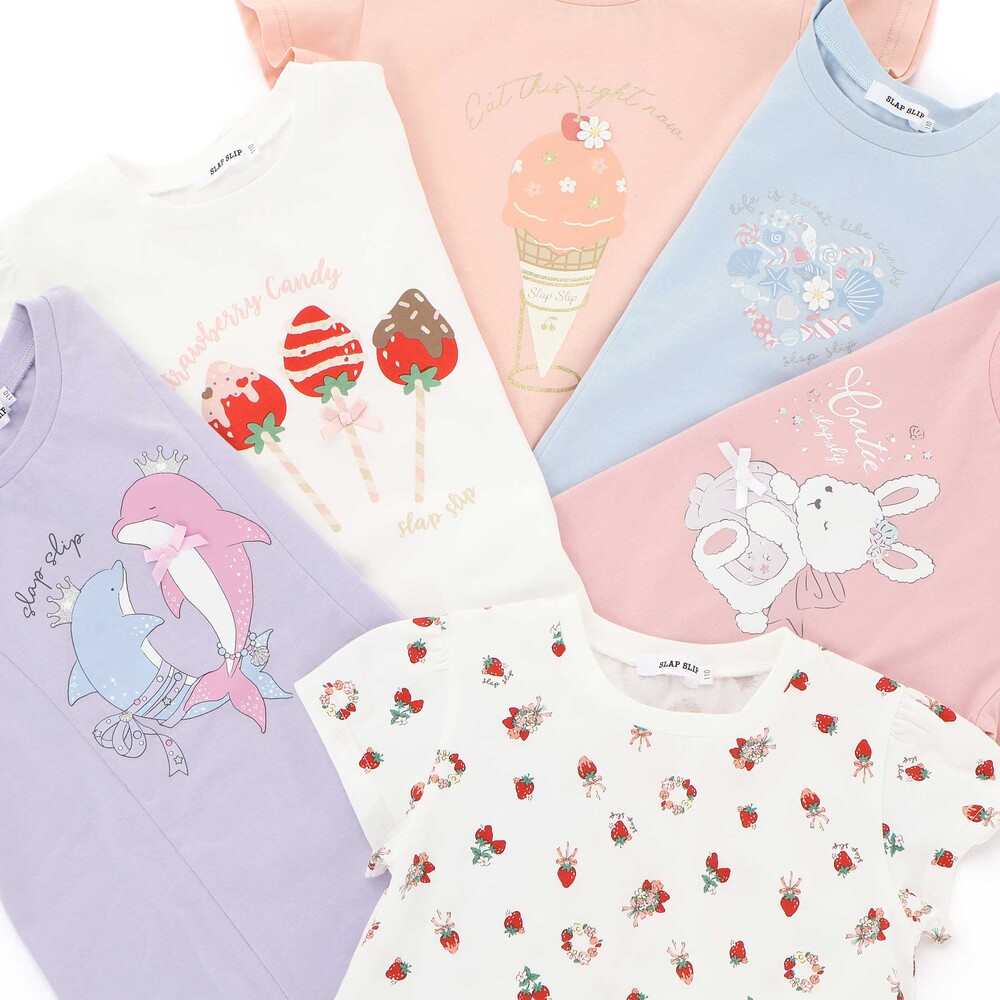 【スララク/吸汗速乾/接触冷感/オーガニックコットン】ときめき女の子半袖Tシャツ(80~130cm) コーラル×お花アイス×袖フレア 80cm