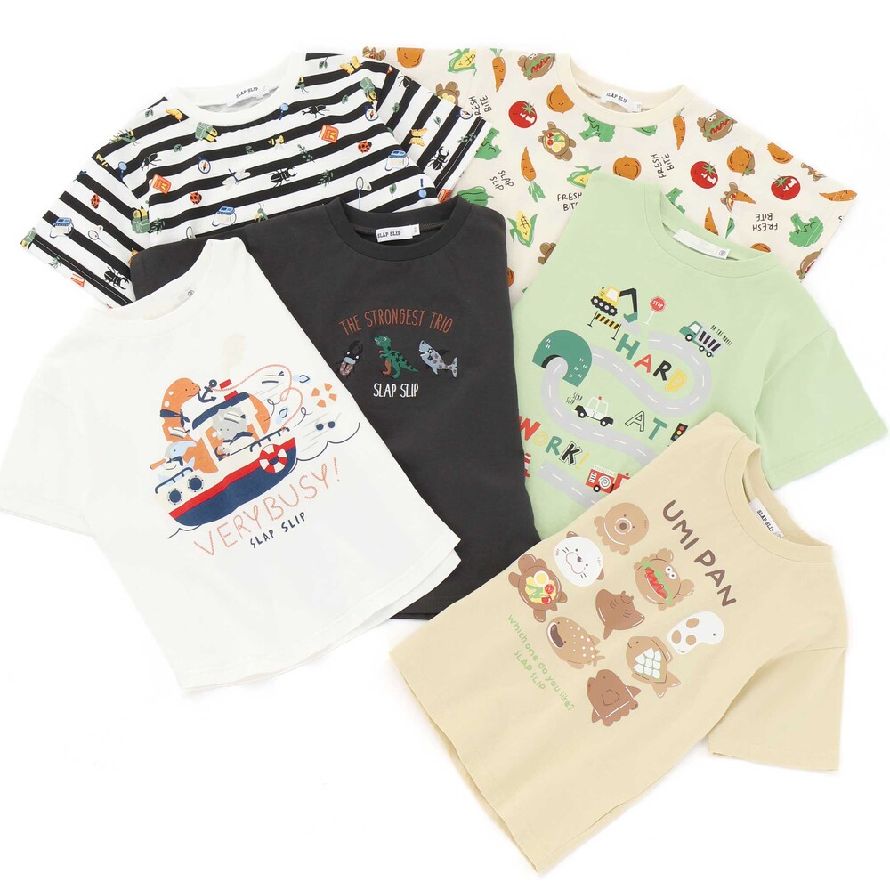 【スララク/吸汗速乾/接触冷感/オーガニックコットン】わくわく男の子半袖Tシャツ(80~130cm) ホワイト×恐竜の水兵さん 80cm