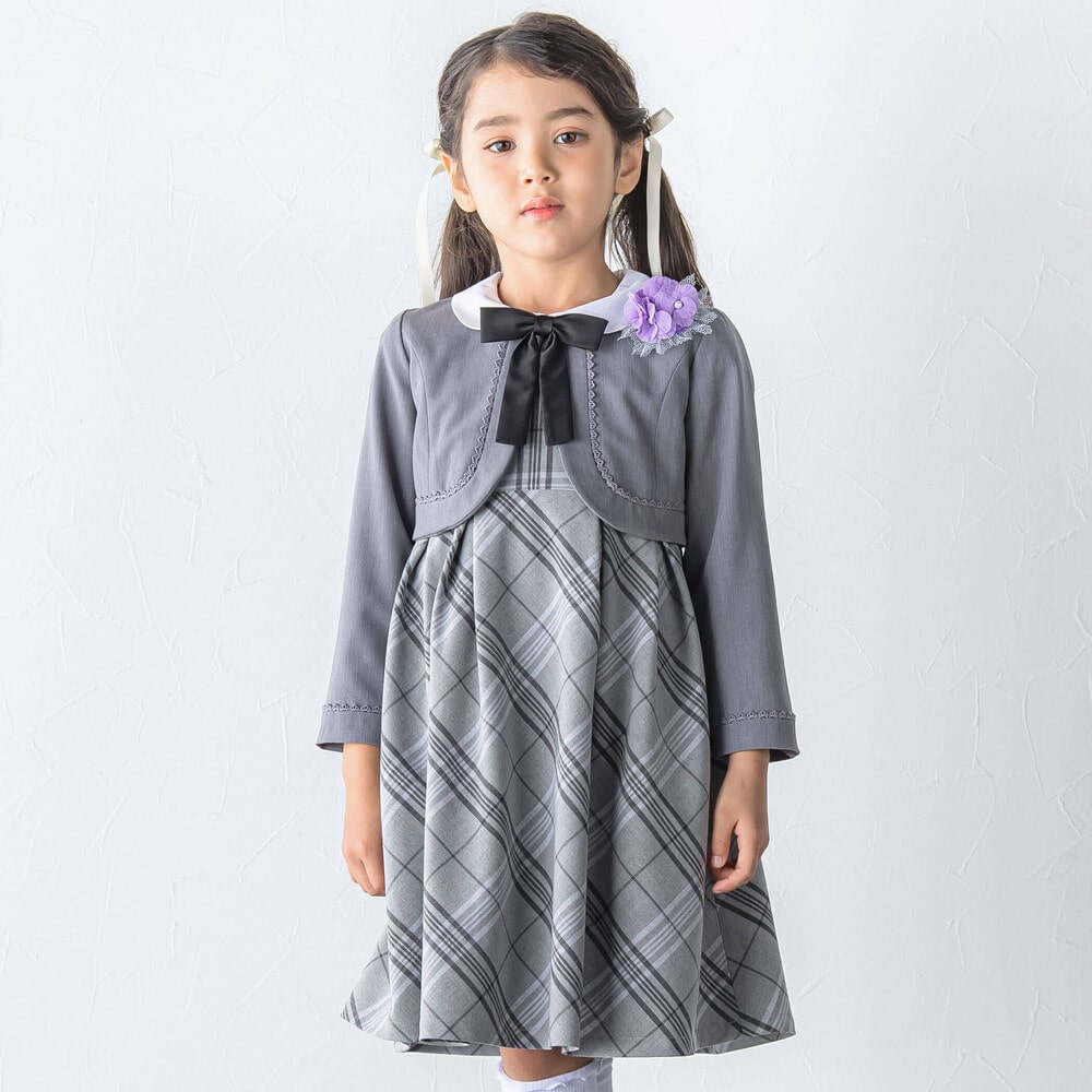 リボンタイ付きチェックワンピース+ボレロアンサンブル(110~130cm) ネイビー系 110cm