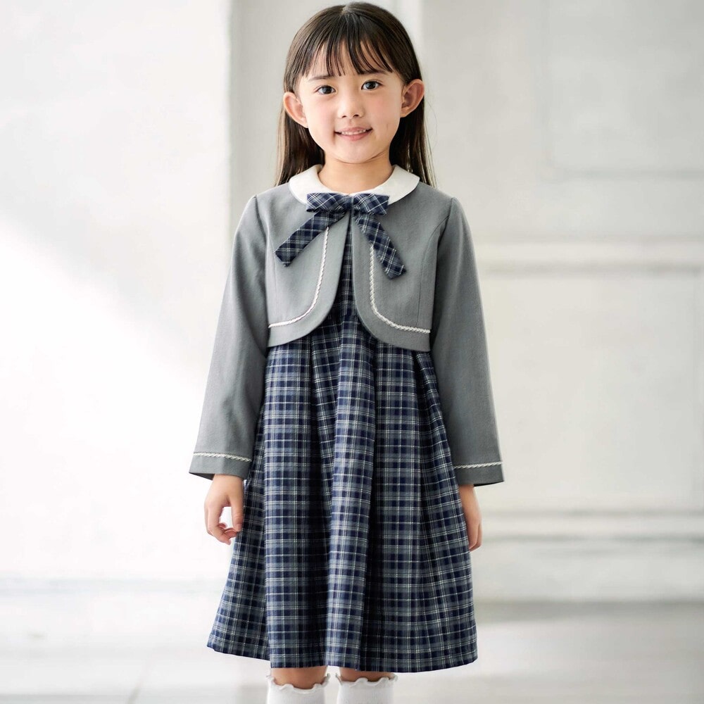 ボレロ+リボンタイ付きチェックワンピースセット(110~130cm) ネイビー系 110cm