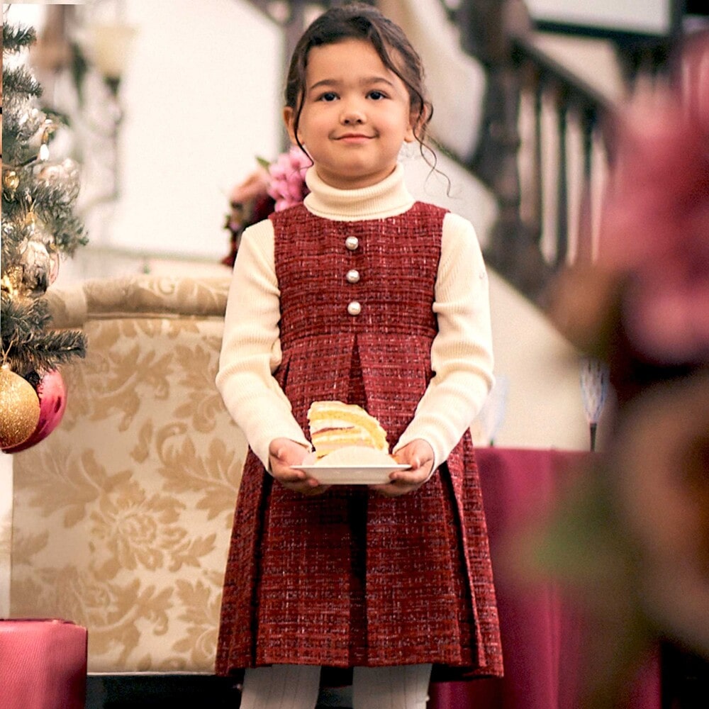 【お揃い】エタンセルラメツイードプリーツジャンパースカート(100~150cm) レッド系 100cm