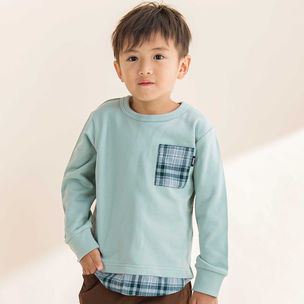 裾ネルチェック切り替えレイヤード風トレーナー (90~150cm) グリーン 150cm