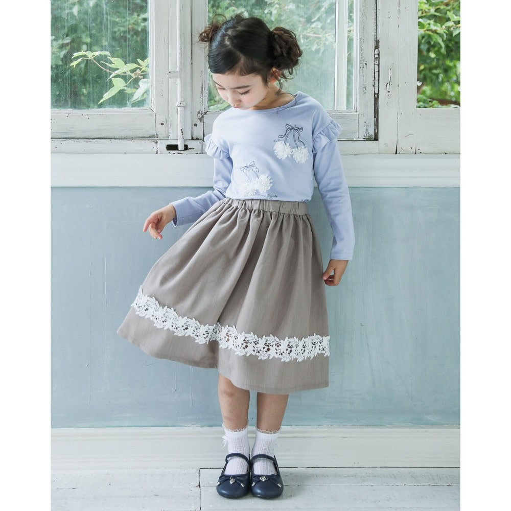 デニム 風 レース 切り替え ギャザー スカート(90~140cm) ブルー系 100cm