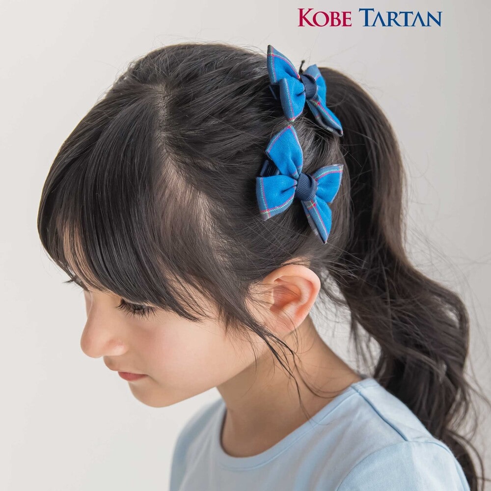【お揃い】【神戸タータン×BeBe】チェックリボンヘアクリップ ブルー系 ワンサイズ