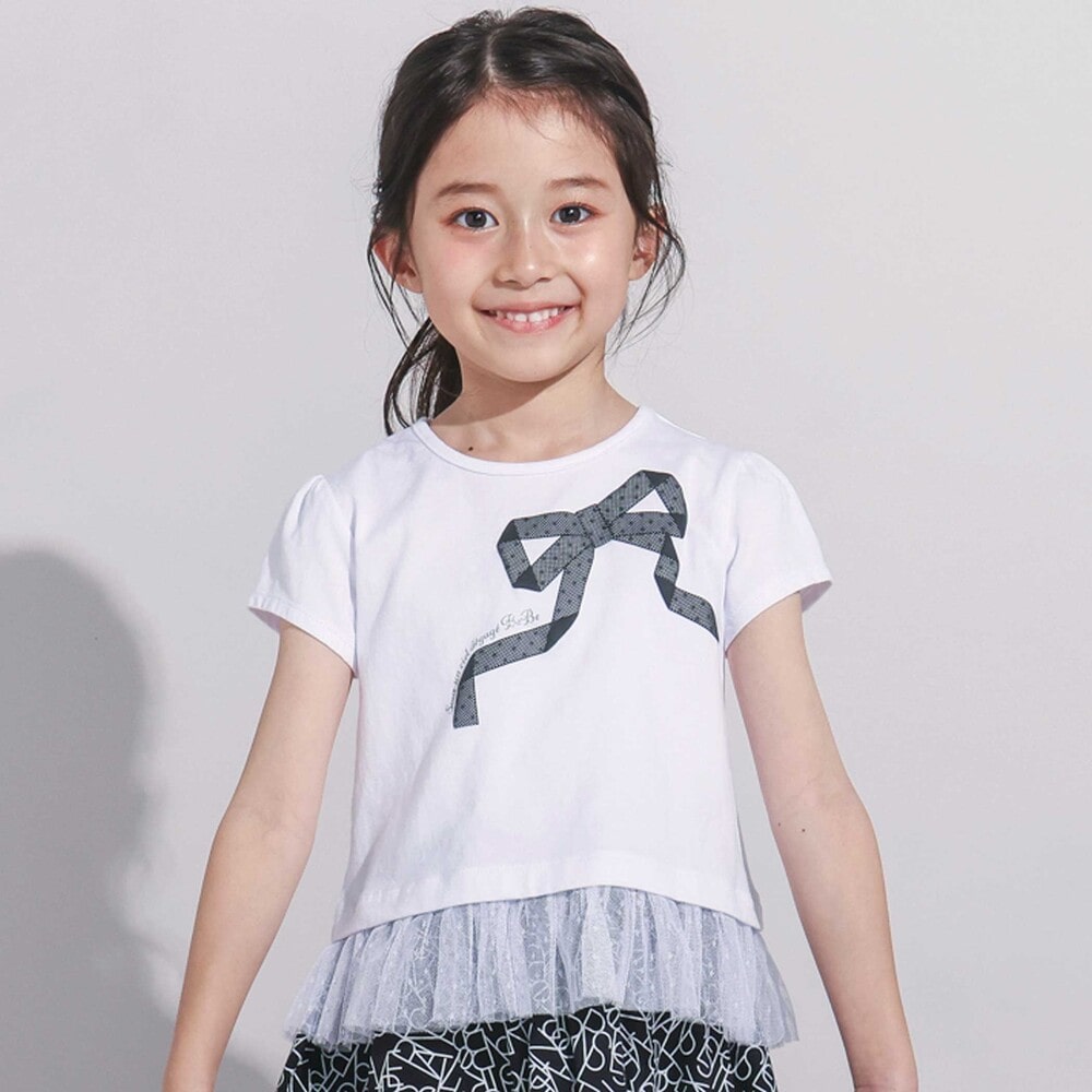 裾チュールフリルリボンプリント天竺半袖Tシャツ(90~150cm)