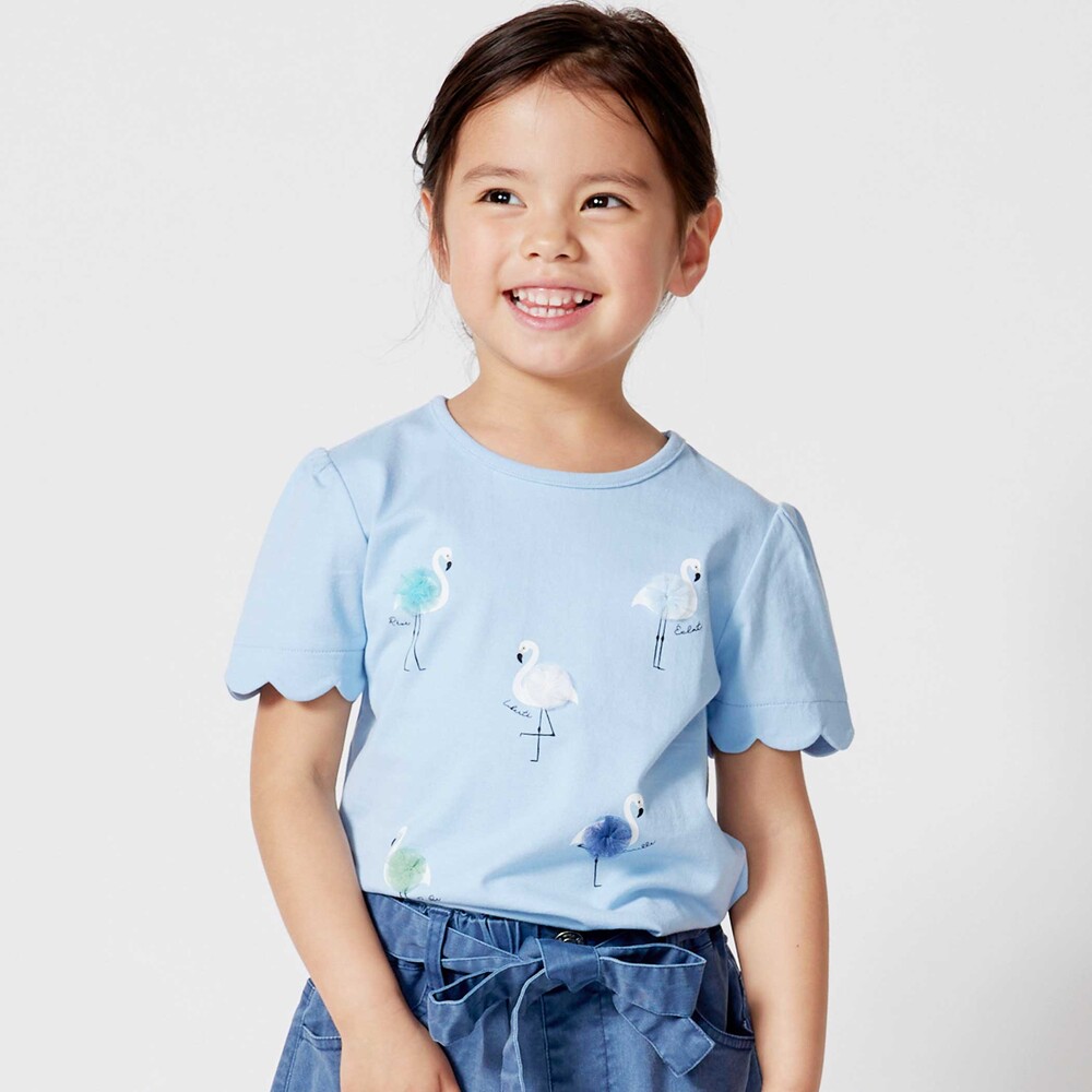フラミンゴモチーフスカラップ袖Tシャツ(80~150cm) ホワイト 80cm