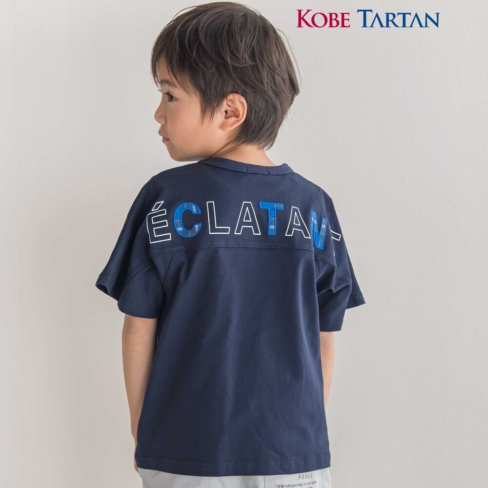 【お揃い】【神戸タータン×BeBe】チェックポケットバックロゴ半袖Tシャツ(90~150cm) ネイビー 90cm