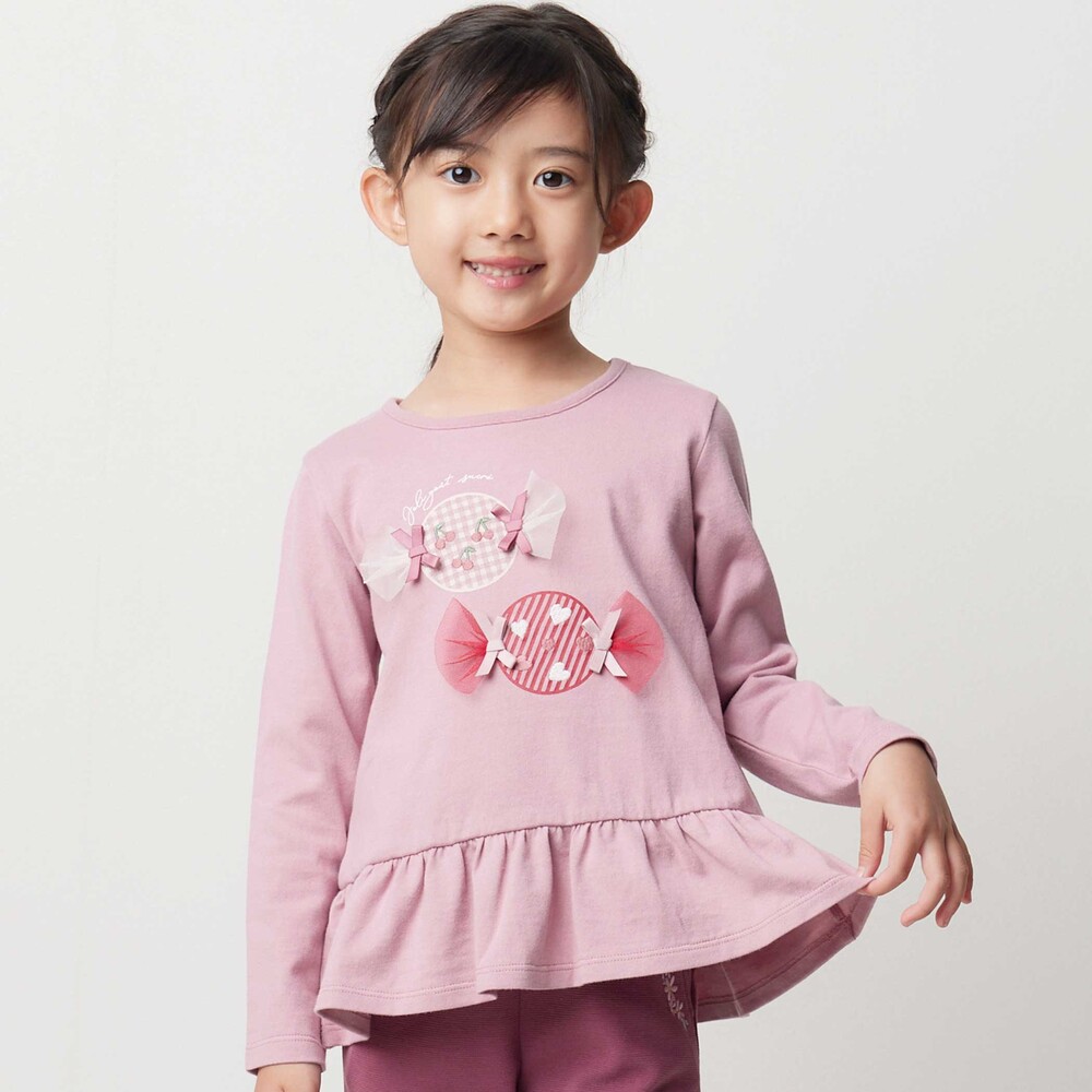 【抗菌・防臭】キャンディプリント裾フリル天竺長袖Tシャツ(90~130cm) ピンク SS(90-100cm)