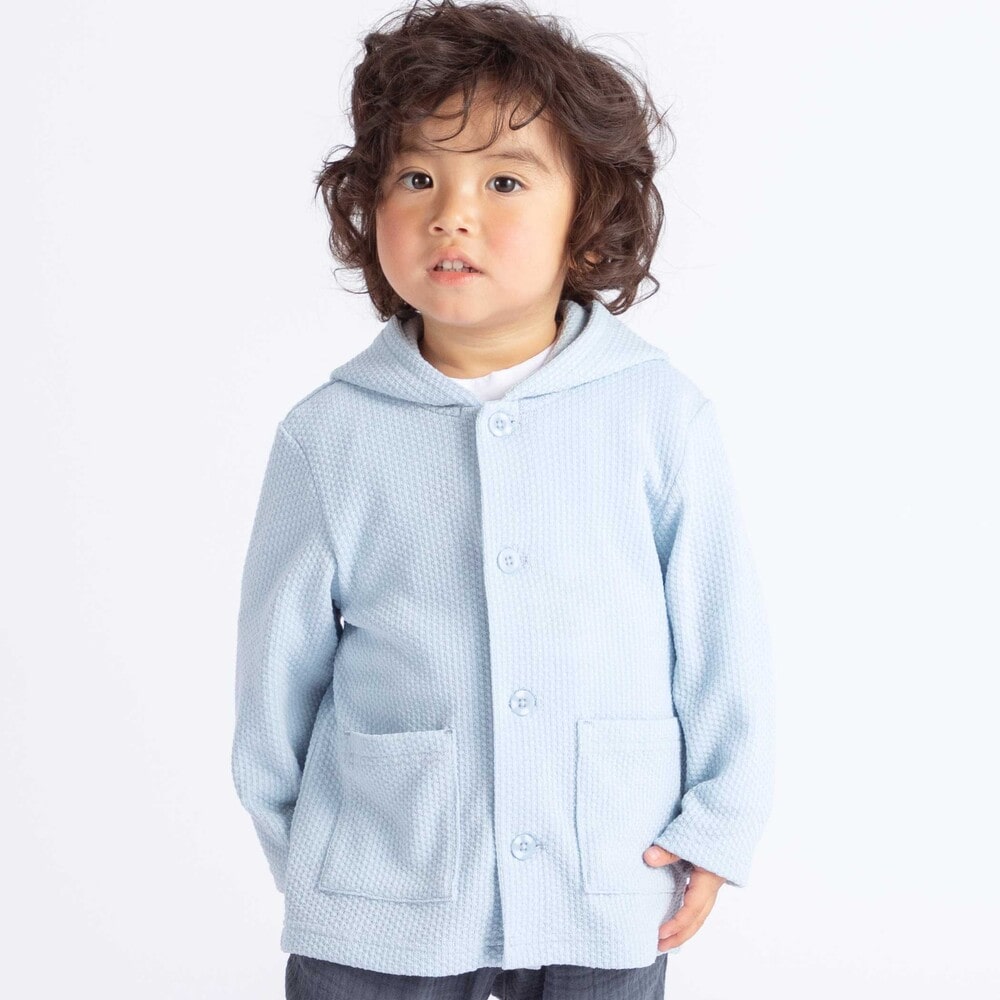 メランジワッフルポンポンフード付き長袖カーディガン(80~100cm) ブルー 80cm