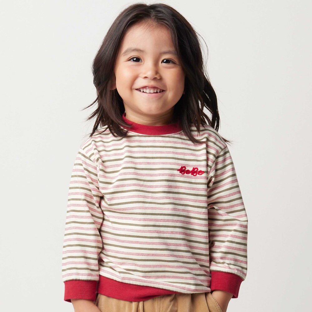 マルチボーダー天竺配色リブ長袖Tシャツ(80~90cm) レッド系 80cm