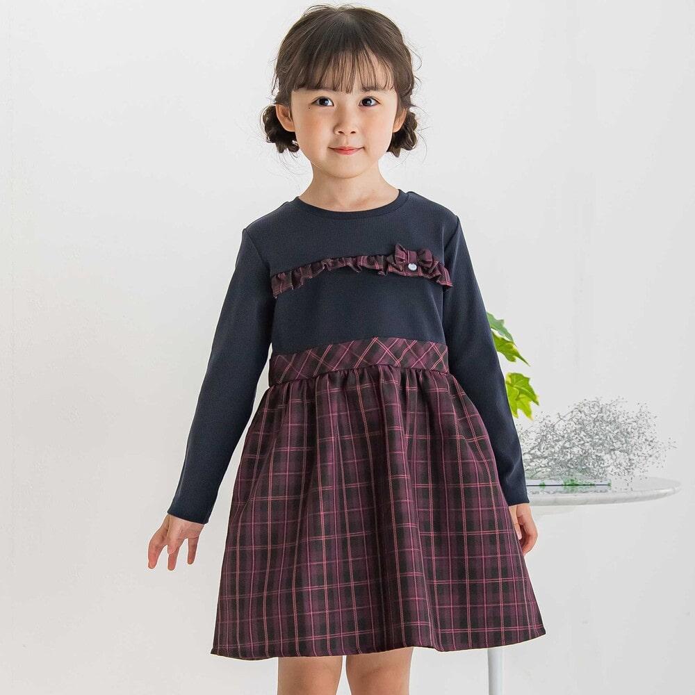 【限定商品】リブ+チェックドッキング長袖ワンピース(95~150cm) ネイビー系 95cm