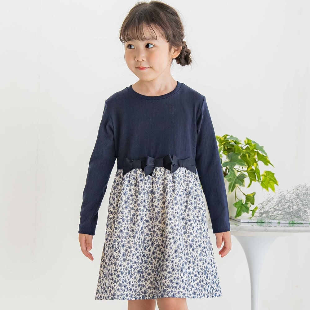 【限定商品】リブ+ネル花柄ドッキング長袖ワンピース(95~150cm) ネイビー系 95cm
