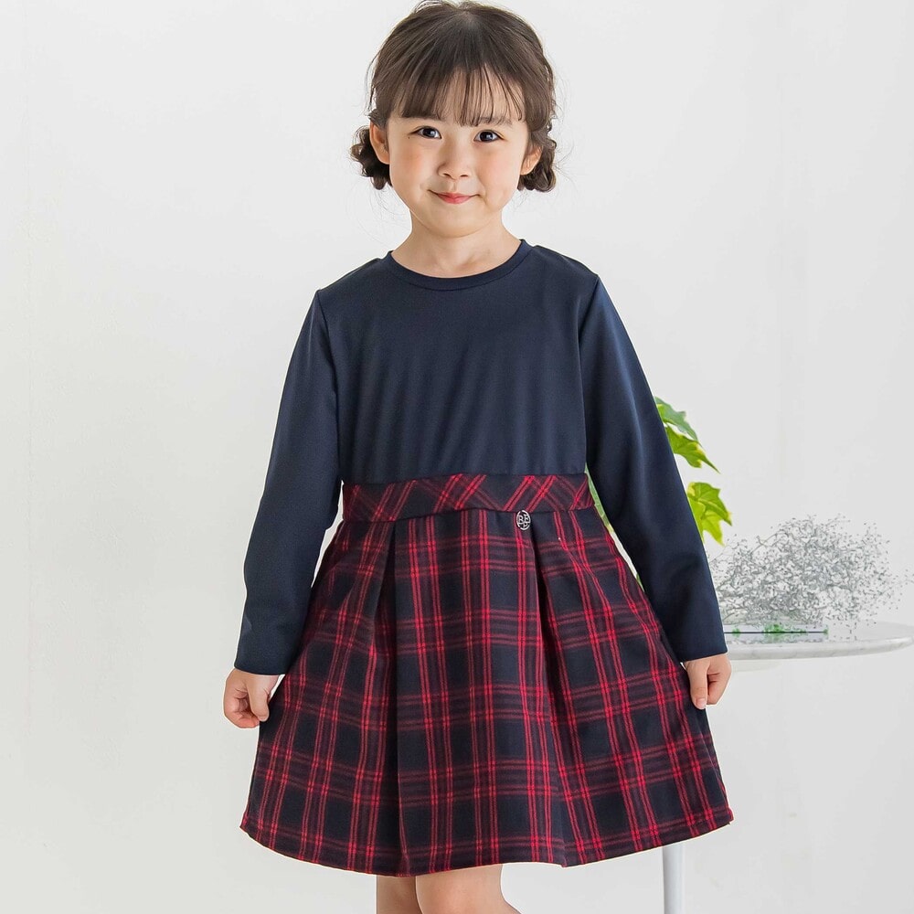 【限定商品】ポンチチェックドッキングワンピース(95~150cm) レッド系 95cm