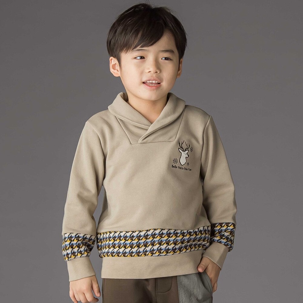 ショールカラー裏毛×ノルディック柄切り替えトレーナー（ベージュ）の商品単体写真