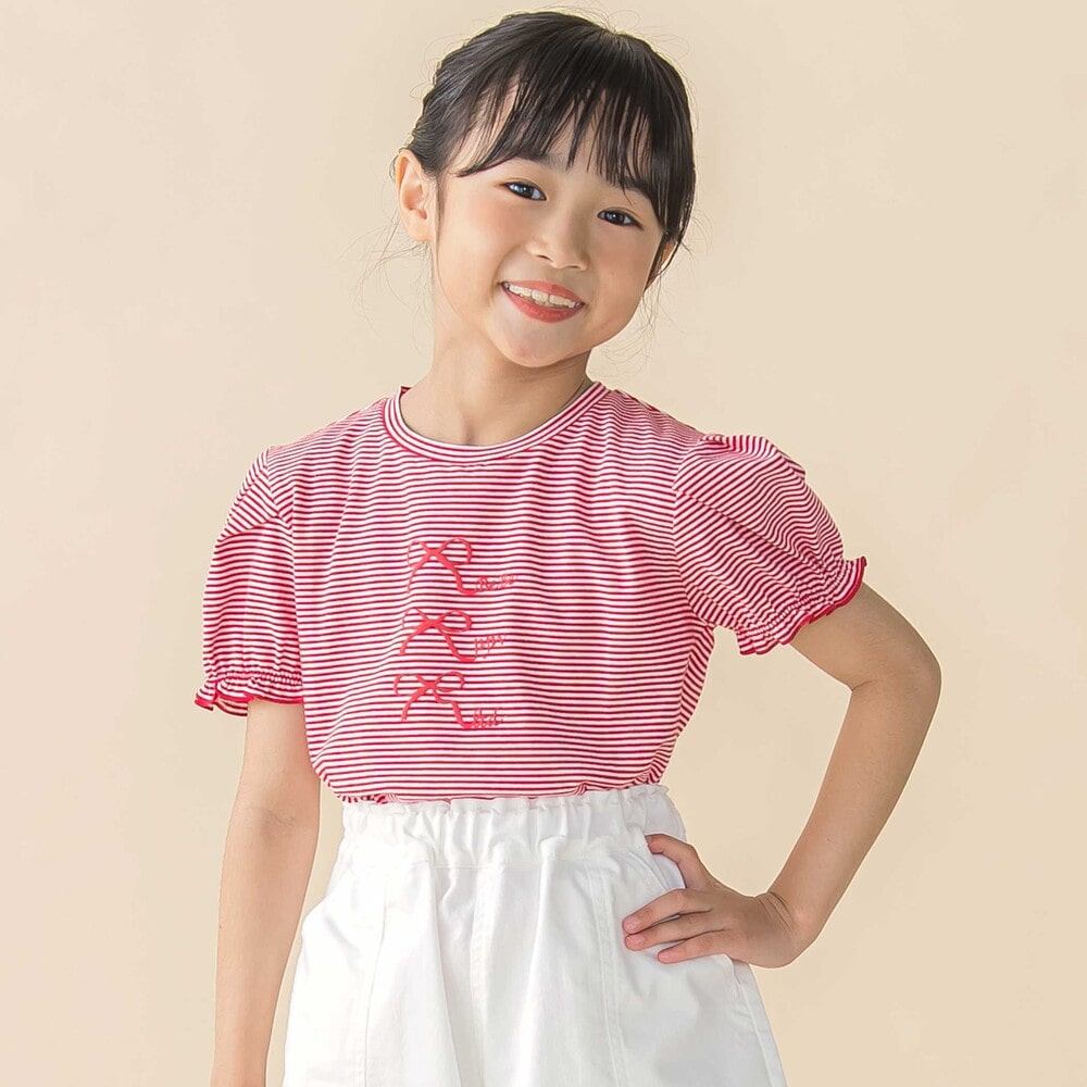 ベア天竺細ボーダーリボンプリントパフスリーブTシャツ
