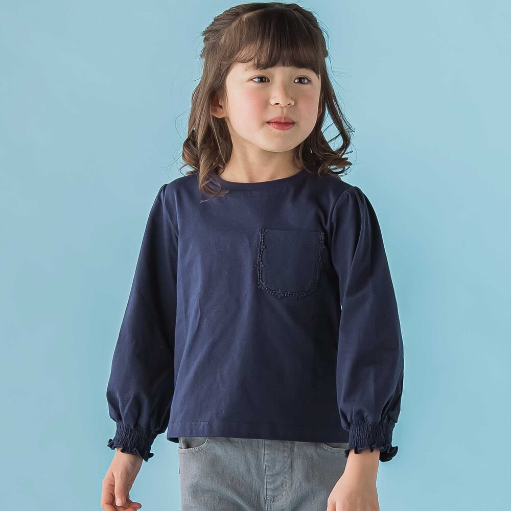 【限定商品】天竺花レースポケットロングTシャツ(95~150cm) ネイビー 95cm