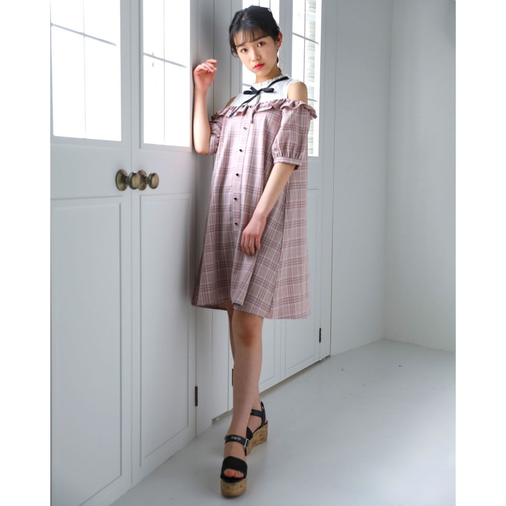 チェック柄 リボン オープンショルダー ワンピース 130 160cm 130cm グレー系 ワンピース 子供服べべの公式通販サイト Bebe Mall