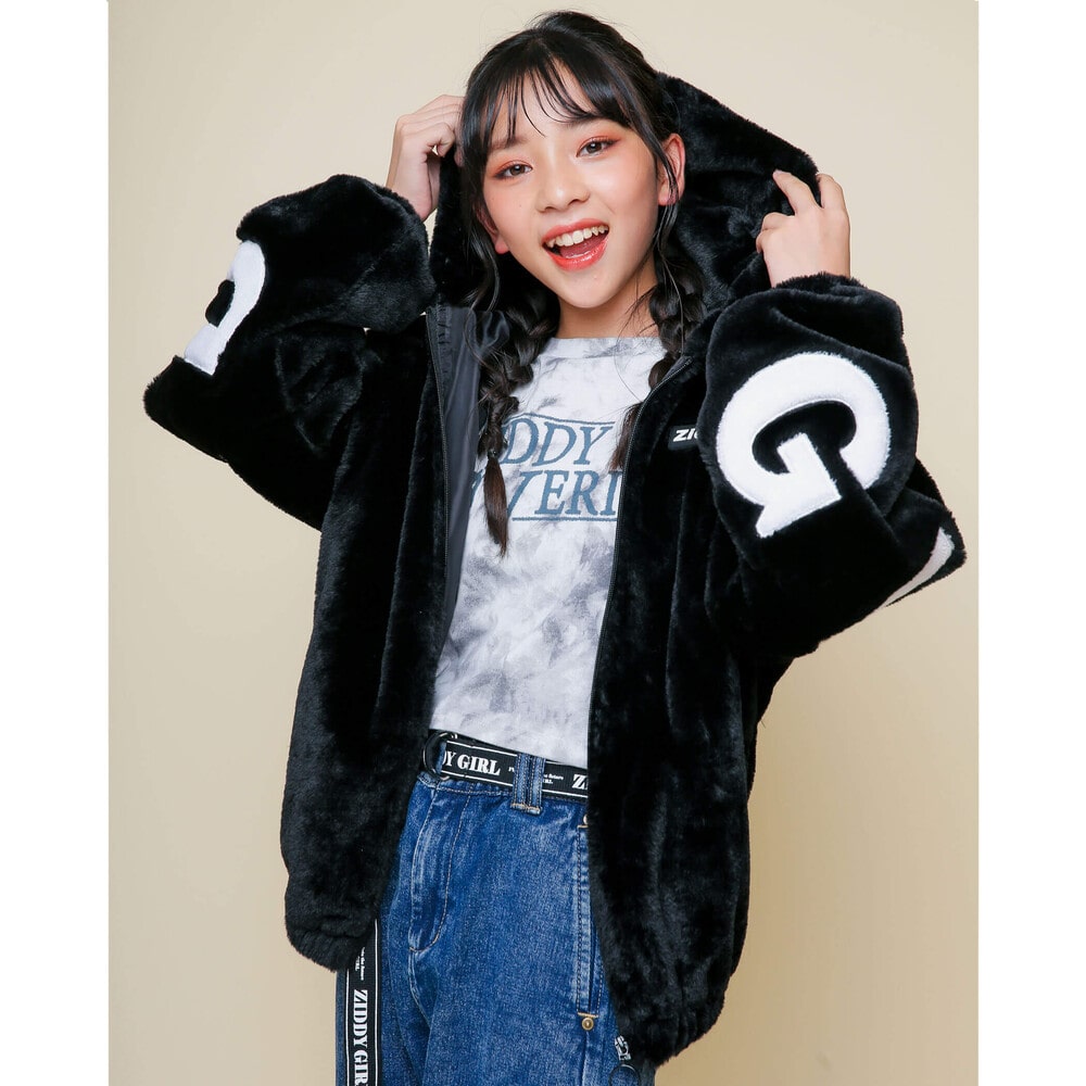 【ニコ☆プチ掲載】 ロゴ ファー フード ジャケット(130cm~160cm) ブラック 130cm