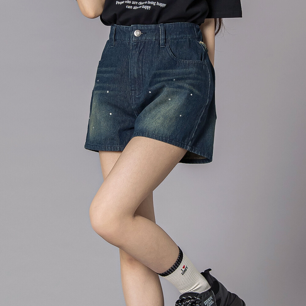 ラインストーンショートデニムパンツ(130~160cm) ネイビー 130cm