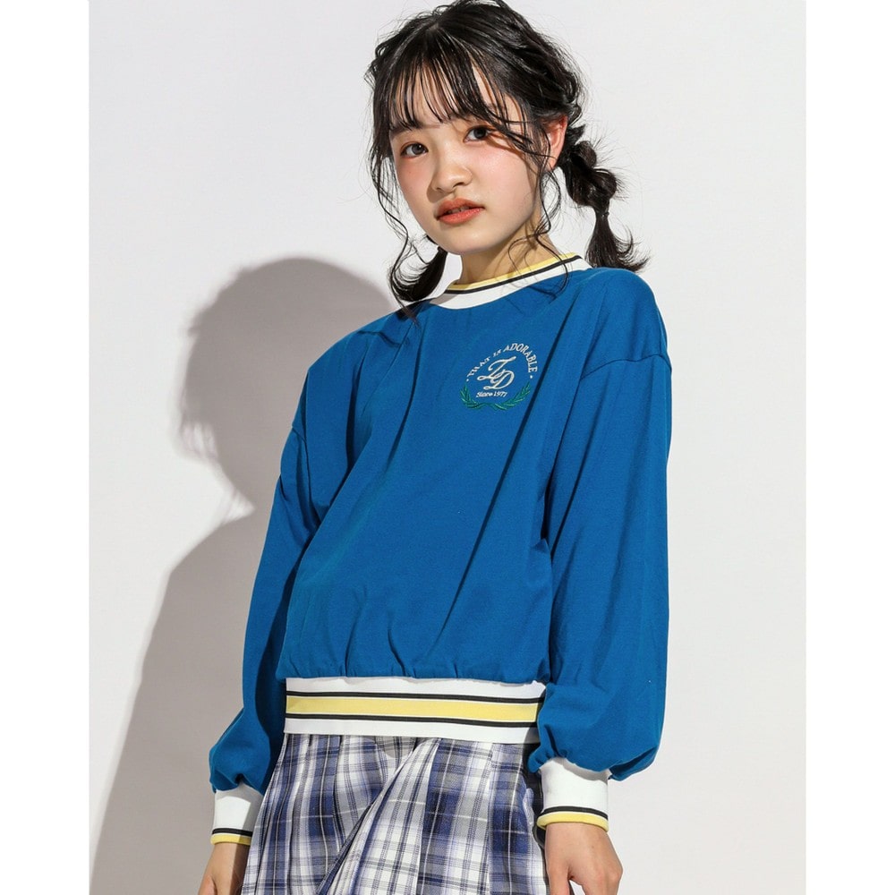 【 ニコ☆プチ 掲載 】エンブレム 刺繍 入り ロング Tシャツ (130~160cm) ブルー 150cm