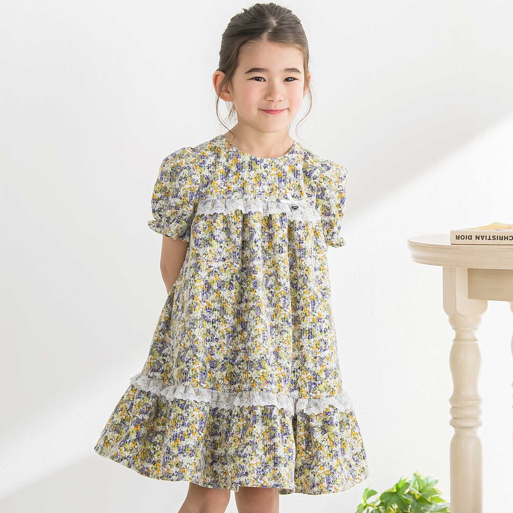 花刺しゅう+花プリントワンピース(95~150cm) パープル系 95cm