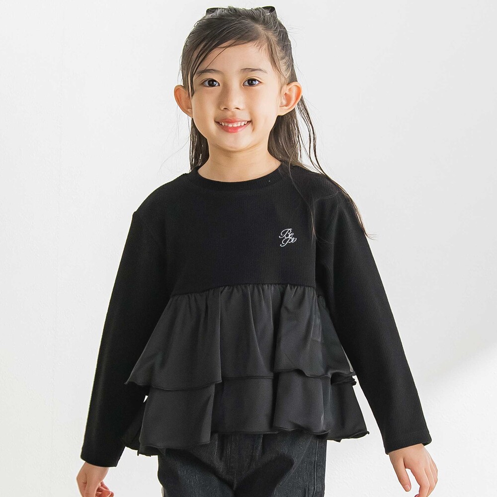 シフォン2段フリル 長袖カットソー(95~160cm) ブラック 95cm