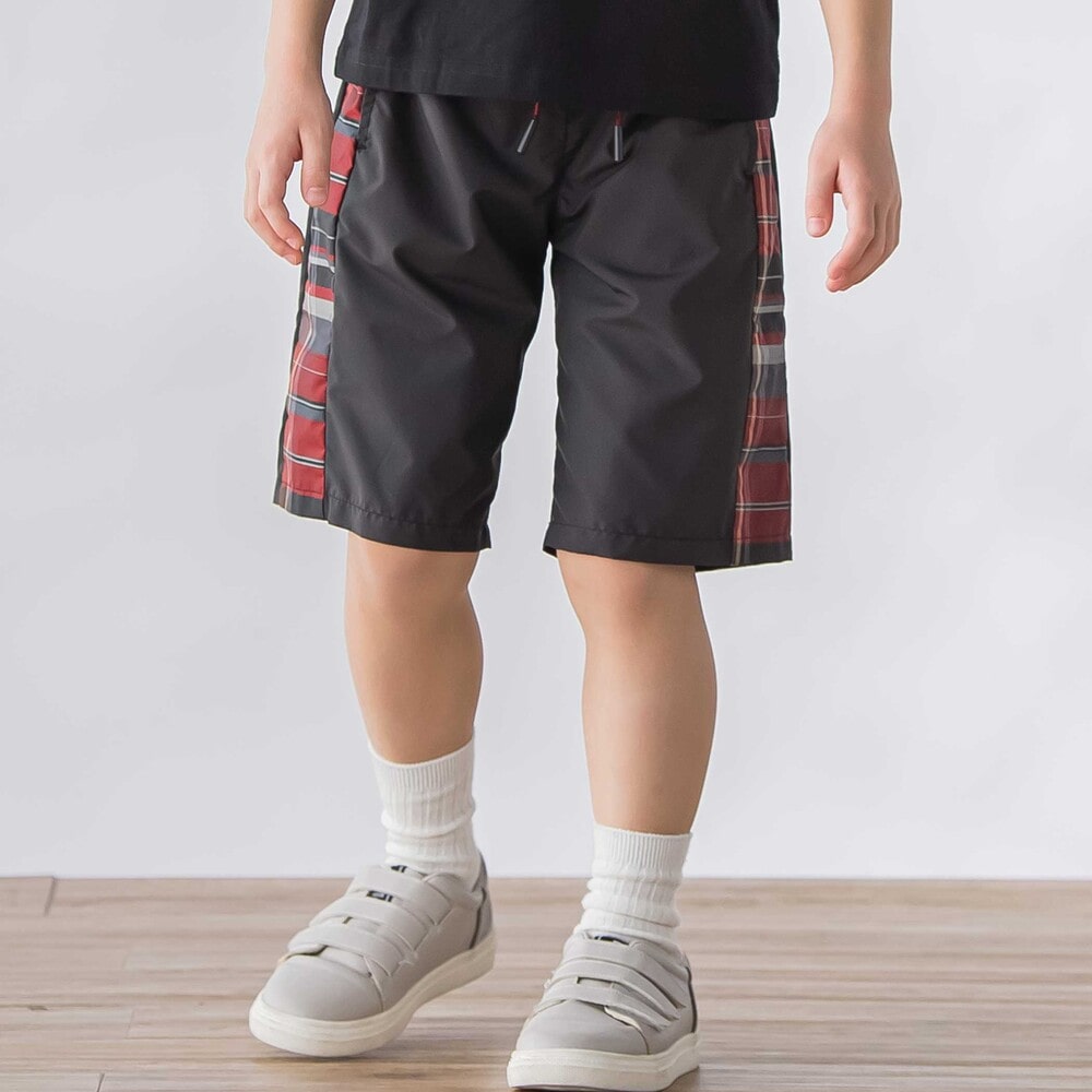 【お揃い】タフタ+チェック切り替えハーフパンツ(95~150cm) ブラック系 95cm