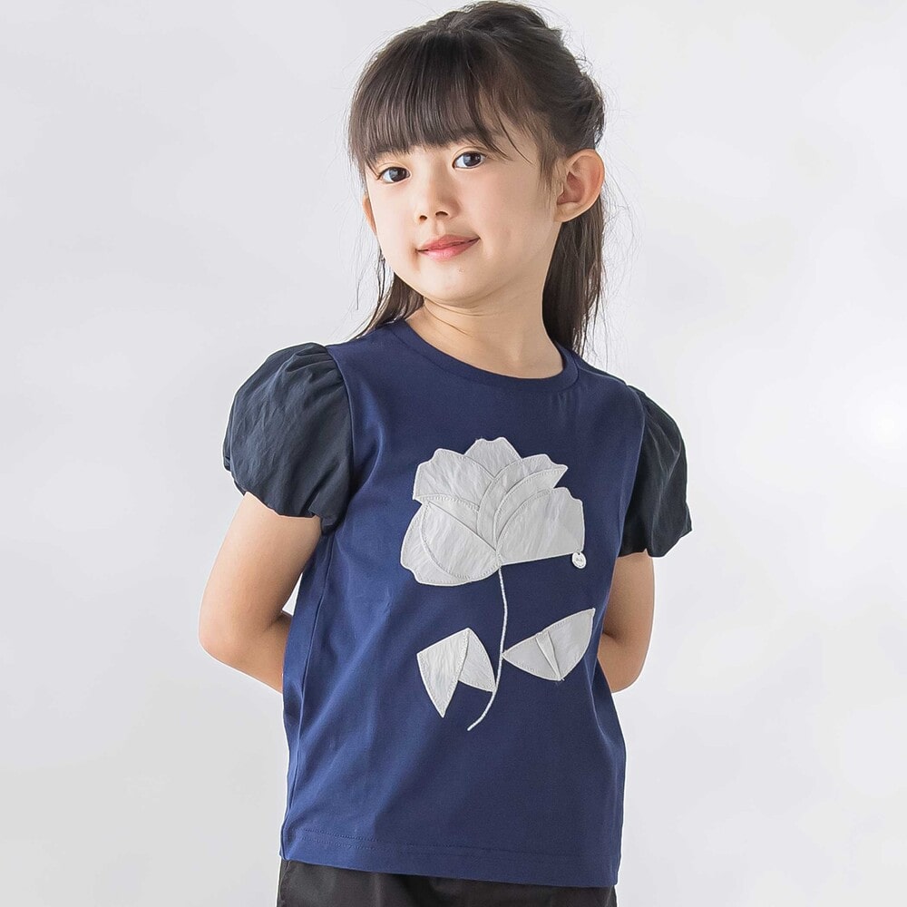 お花パッチワーク半袖Tシャツ(95~160cm) ネイビー 110cm