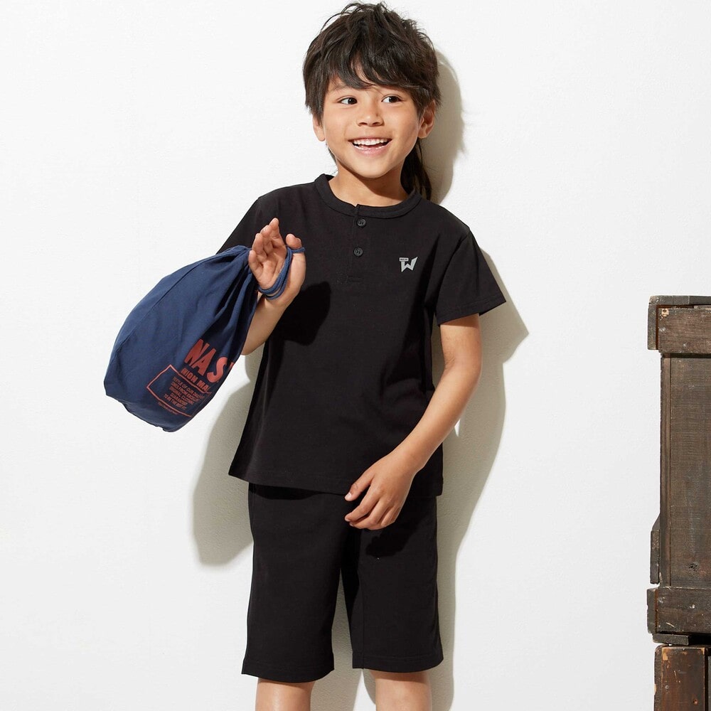 【接触冷感】ヘンリーネックTシャツ&パンツセット(110~160cm) ブラック 110cm
