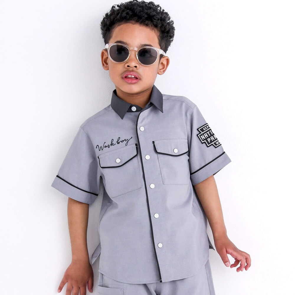 【接触冷感】ファンマートロストレッチパイピングバイカラーシャツ(100~160cm) グレー 100cm