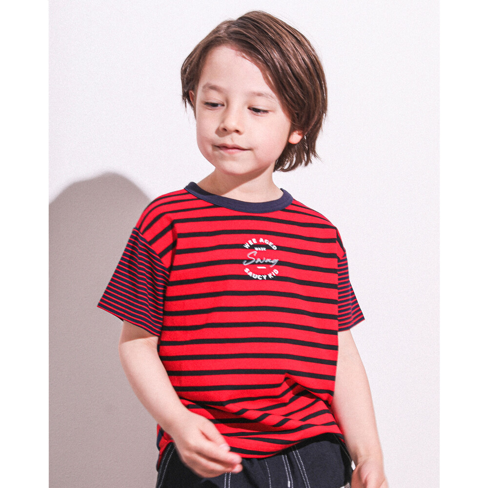 SWAG プリント ボーダー 天竺 Tシャツ (100~160cm) レッド系 100cm