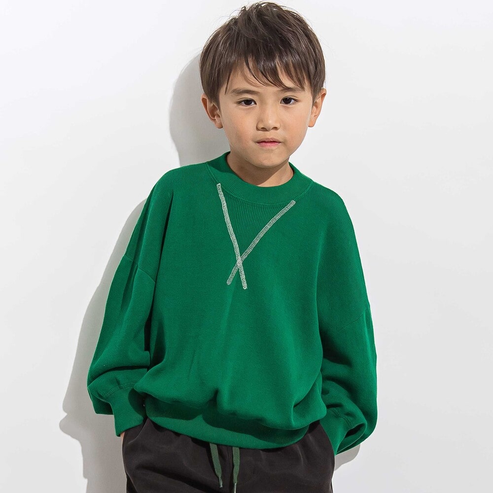 強撚糸スウェット風カラーニットプルオーバー 親子お揃い(110~140cm) グリーン M(110~125cm)