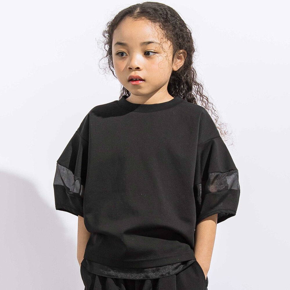 ポンチシアー切り替えポワン袖Tシャツ親子お揃い(110~140cm) ブラック M(110~125cm)