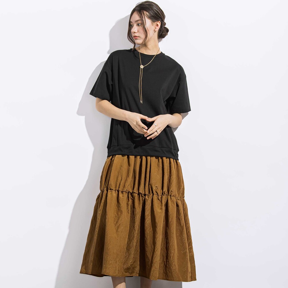 (ペチコート付)ポンチ+メタリックボイルスカートドッキング半袖ワンピース親子お揃い大人(140~160cm) ブラック S(140~150cm)