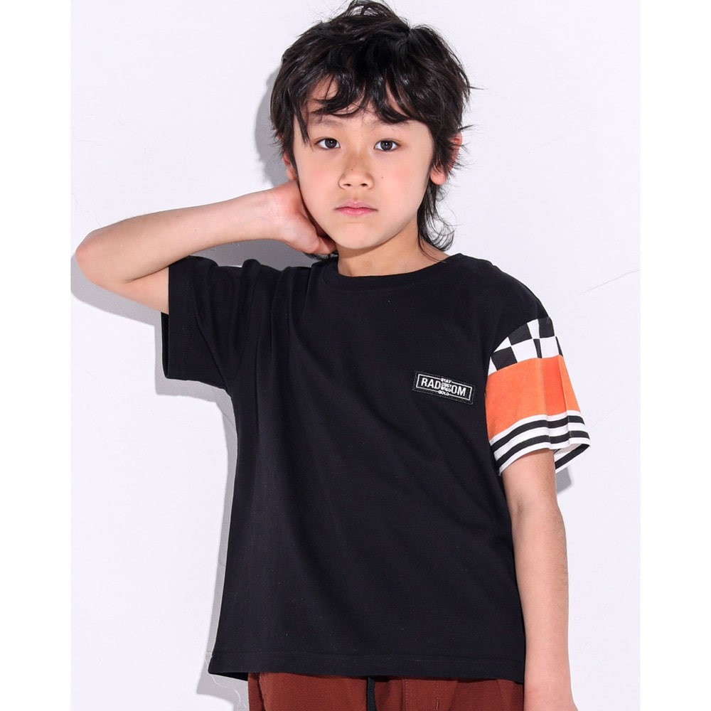 フラッグチェック ボーダー 切り替え スリーブ Tシャツ(120~160cm) グリーン 160cm