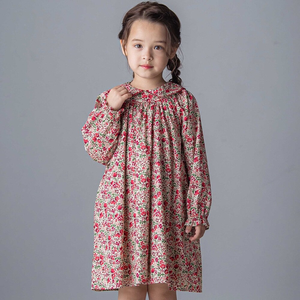 【日本製】リバティタナローン(Coward)花柄ワンピース(90~140cm) レッド系 100cm