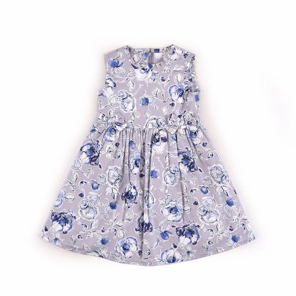 日本製 ローズ 花柄 リボン フェミニン フレア ワンピース (90cm~100cm) パープル系 100cm