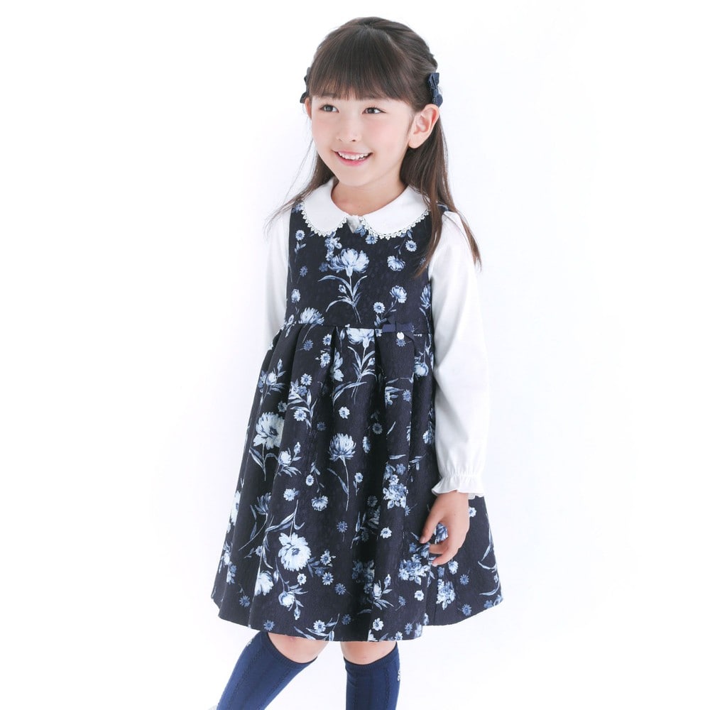 日本製 フォーマル ジャガード 花柄 リボン Aライン ワンピース ジャンパースカート ドレス (80cm~140cm) ネイビー系 80cm