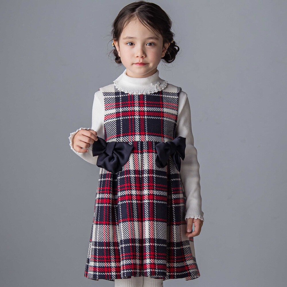 【日本製】【お揃い】ウールチェックサイドリボン付きジャンパースカート(90~140cm) ネイビー系 100cm