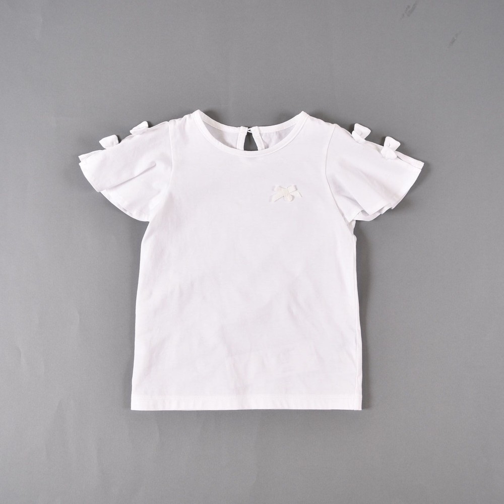 日本製 肩開き 肩見せ リボン コットン 半袖 Tシャツ (90cm~100cm) ホワイト 90cm